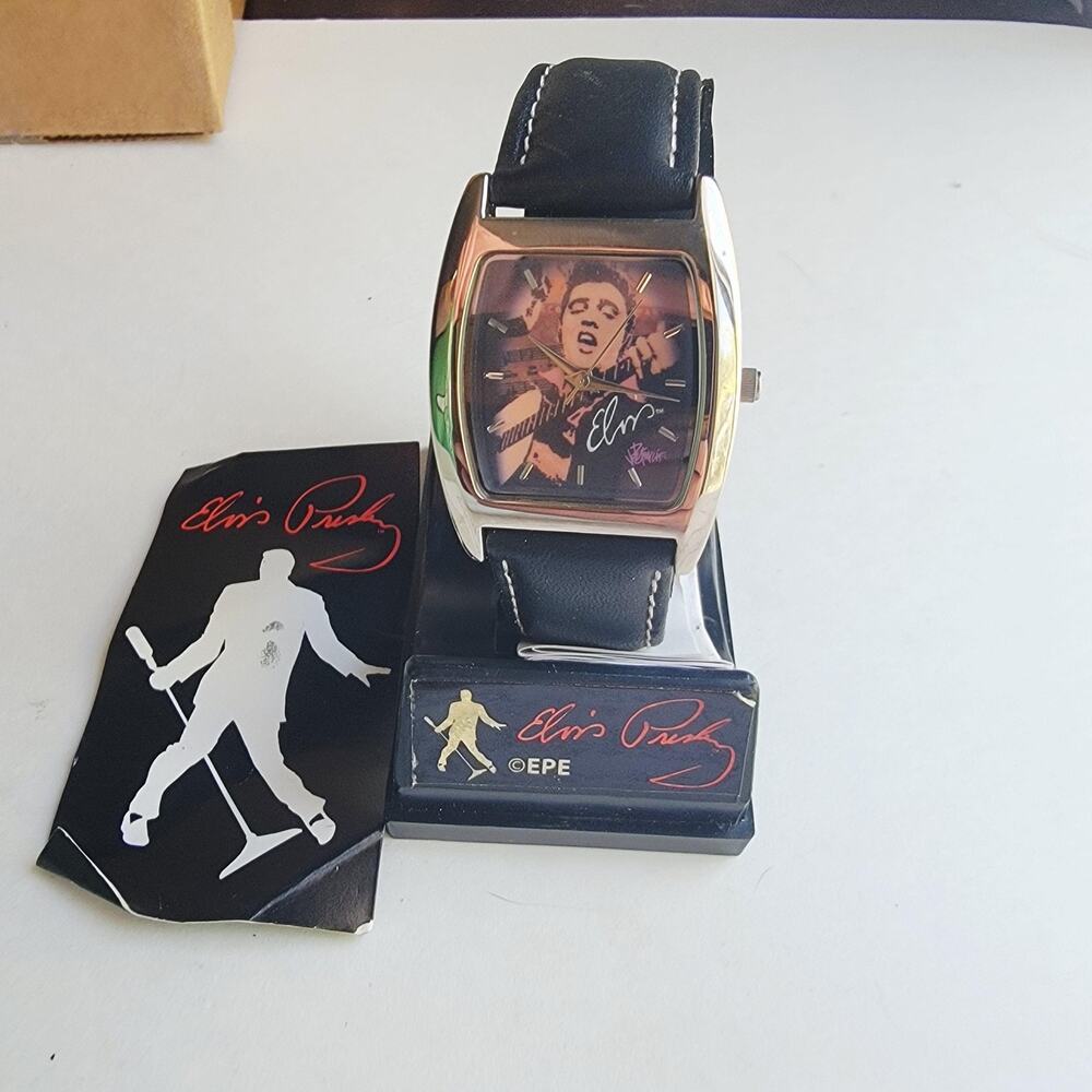 Elvis Presley Mens Watch Multicolor Dial Silver Tone Black Leather Quartz EPE